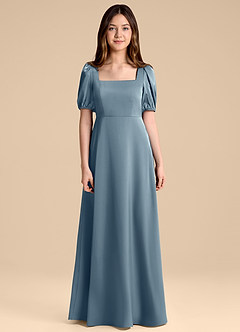 Azazie Briar Junior Vestido de Azul Polvoriento de Satén Elástico de Corte en A con Lazo image7