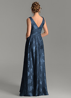 Azazie Vanessa At-home Try On Dresses Dark Navy A-Line Pleated Floral Jacquard Burnout Dress image2