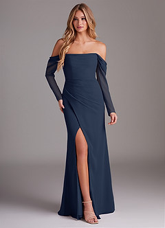 Azazie Hallie Brautjungfernkleider Meerjungfrau-Linie Langarm Chiffon Kleid Dunkelmarine image1