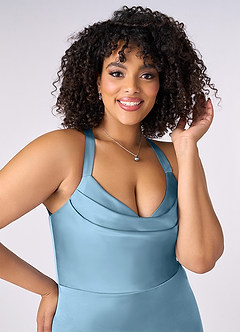 Barbie ♥ Azazie Jurken voor bruidsmeisjes Jurk van Stretch Satijn met Zeemeermin Geplooid Staal Blauw image10