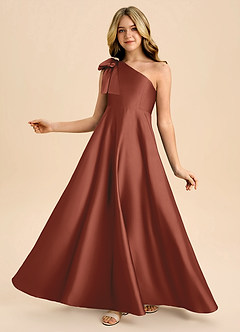 Azazie Penguin Junior Vestido de Castaño de Satén Elástico de Corte en A con Lazo image1