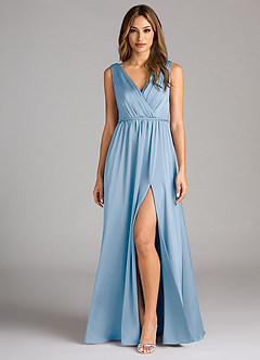 Azazie Tanicia Bridesmaid Dresses Powder Blue A-Line Pleated Stretch Satin Dress image1