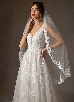 front Cora Eileen Lace Floral Applique Fingertip Veil