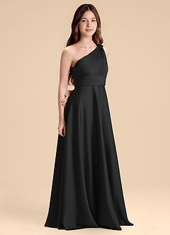 Azazie Charlize Junior A라인 주름진 스트레치 새틴 플로어 길이 주니어 신부 들러리 드레스 image3