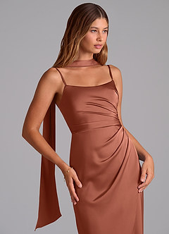 Azazie Calandra Bridesmaid Dresses Auburn A-Line Pleated Stretch Satin Dress image7