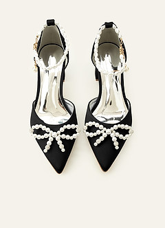 front Escarpins à bout pointu ornés de perles assorties, talons blocs en satin mat et nœud décoratif, pour mariage