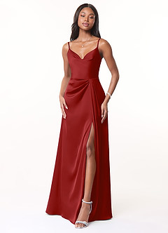 Azazie Brielle Robes de demoiselle d'honneur Robe Trapèze en Satin extensible Bretelles spaghetti Grenade image1