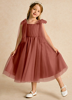 Azazie Dori Robe Demoiselle D'honneur Fillette Robe Trapèze en Tulle Rayé Auburn image4
