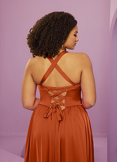 Barbie ♥ Azazie Robes de demoiselle d'honneur Robe Trapèze en Satin extensible avec poches Orange Brûlée image9