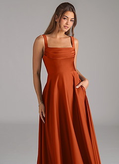 Azazie Shaude Vestidos de damas de honor Vestido de Naranja Quemada de Satén Elástico de Corte en A con Plisado image2