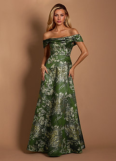 Azazie Marceline Mother of the Bride Dresses Matcha Green A-Line Off the Shoulder Jacquard Dress image2