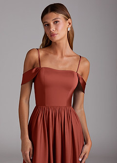 Azazie Calianna Jurken voor bruidsmeisjes Converteerbaar Jurk van Stretch Satijn met A-Lijn Off the Shoulder Terracotta image2