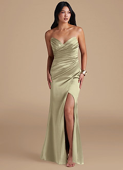 Azazie Yola Bridesmaid Dresses Moss Green Sheath Pleated Metallic Satin Dress image6