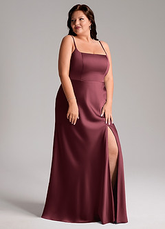 Azazie Lidia Jurken voor bruidsmeisjes Jurk van Stretch Satijn met Zeemeermin Zijsplit Merlot image12