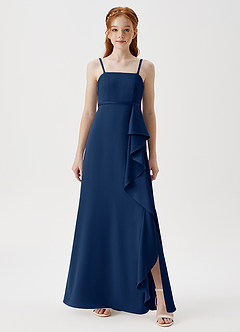 Azazie Kaylee Junior Robe Trapèze en Satin extensible avec ceinture Bleu Marine Foncé image3