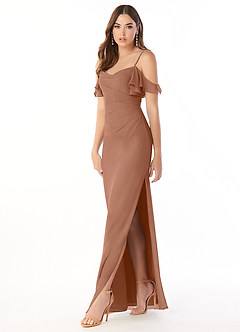 Azazie Emeralda Bridesmaid Dresses Bronzer Sheath Off the Shoulder Chiffon Dress image1