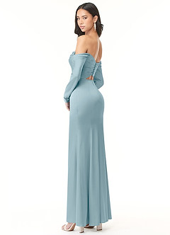 Azazie Hallie Bridesmaid Dresses Moody Blue Sheath Off-The-Shoulder Long Sleeve Stretch Satin Convertible Dress image6