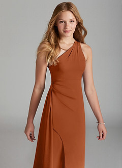 Azazie Maron Junior Vestido Cobre de Cetim elástico de Linha A com Plissado image3