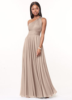 Azazie Charlize Final Sale Taupe A-Line One Shoulder Mesh Dress image1