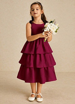 Azazie Margery Flower Girl Dresses Burgundy A-Line Bow Stretch Satin Dress image2