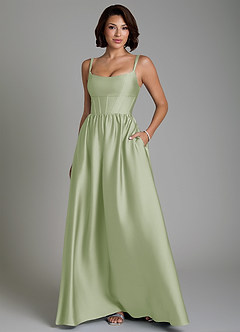 Azazie Mona Robes de demoiselle d'honneur Robe Trapèze en Satin extensible Corset Vert Sauge image1