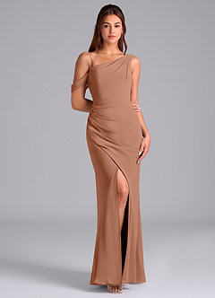 Azazie Madelyn Jurken voor bruidsmeisjes Converteerbaar Jurk van Chiffon met Zeemeermin One-shoulder Bronzeertint image3