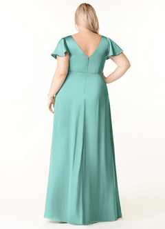 Azazie Soren Bridesmaid Dresses Aqua A-Line Pleated Stretch Satin Dress image2