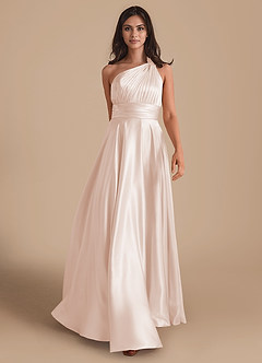 Azazie Charlize Bridesmaid Dresses Rose Gold A-Line One Shoulder Metallic Satin Dress image1