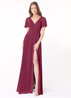 Azazie Kimber Brautjungfernkleider A-Linie Volantärmel Chiffon Kleid Maulbeerrot image1
