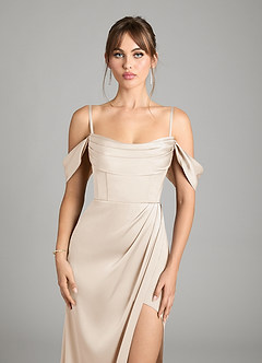 Azazie Johana Bridesmaid Dresses White Alabaster Mermaid Off the Shoulder Stretch Satin Convertible Dress image3