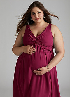 Azazie Yetta Maternity Bridesmaid Dresses A-Line V-Neck Gathered Chiffon Floor-Length Dress image8