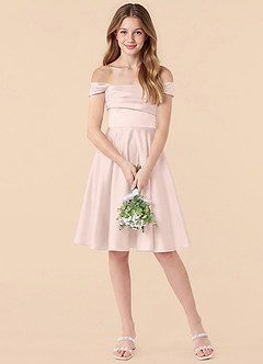 Azazie Amira Junior Blushing Pink A-Line Pleated Stretch Satin Dress image3