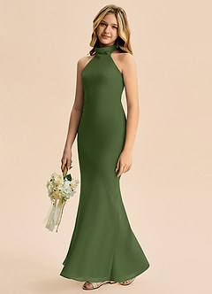 Azazie Velli Junior Meerjungfrau-Linie Hoher Kragen Chiffon Kleid Olivgrün image4