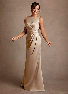 Azazie Baltimore Mother of the Bride Dresses Taupe A-Line Pleated Stretch Satin Dress image3