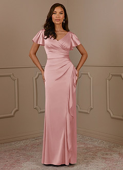 Azazie Roya Mère de la mariée Robes Robe Sirène en Satin extensible Col en V Plissé Rose Poudré image2