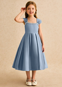 Azazie Yosemite Jurken voor bloemenmeisjes Baljurk Jurk van Mat Satijn Sweetheart Halslijn Stoffig Blauw image5