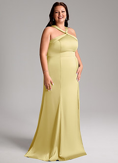 Azazie Rue Robes de demoiselle d'honneur Robe Trapèze en Satin extensible Plissée Sorbet Citron image12