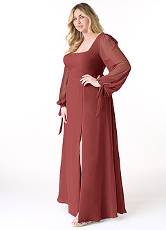 Azazie Leonia Abiti da Damigella Abito A-Line in Chiffon Maniche Lunghe Terracotta image3