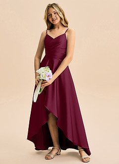 Azazie Eirlys Junior A-Linie Plissee Stretch-Satin Kleid Maulbeerrot image4