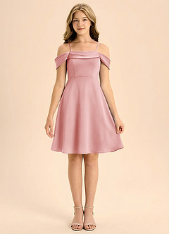 Azazie Anselie Junior A라인 주름진 스트레치 새틴 미니 주니어 신부 들러리 드레스 image3