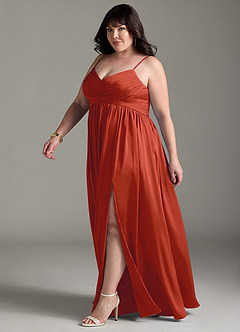Azazie Alia Bridesmaid Dresses Rust A-Line Pleated Stretch Satin Dress image13