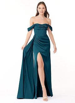 Azazie Amyra Robes de demoiselle d'honneur Robe Fourreau Convertible en Satin extensible Épaule décolletée Bleu Encre image1