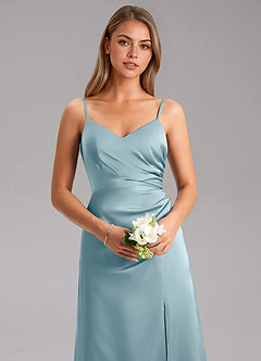 Azazie Azuree Bridesmaid Dresses Moody Blue A-Line Pleated Stretch Satin Dress image8