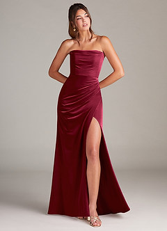 Azazie Leonis Bridesmaid Dresses Burgundy Mermaid Strapless Velvet Dress image1