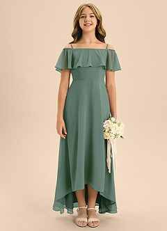 Azazie Maggie Junior Eucalyptus A-Line Off the Shoulder Chiffon Dress image1