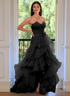 Aurelia Black Floral Sweetheart Neckline A-line Ruffle Asymmetrical Prom Dress image3