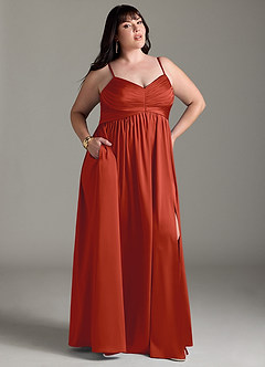 Azazie Alia Bridesmaid Dresses Rust A-Line Pleated Stretch Satin Dress image11