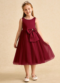 Azazie Twinsie Flower Girl Dresses Burgundy A-Line Bow Tulle Dress image7