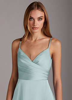 Azazie Calissa Bridesmaid Dresses Mist A-Line V-Neck Pleated Stretch Satin Dress image5