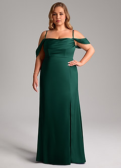 Azazie Saige Bridesmaid Dresses Emerald Sheath Off the Shoulder Stretch Satin Dress image15
